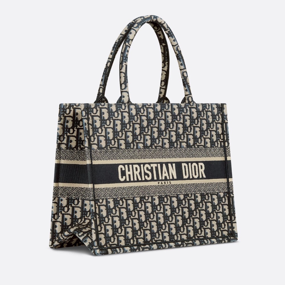 Authentic Dior Ecru and Blue Oblique Embroidery Medium Book Tote